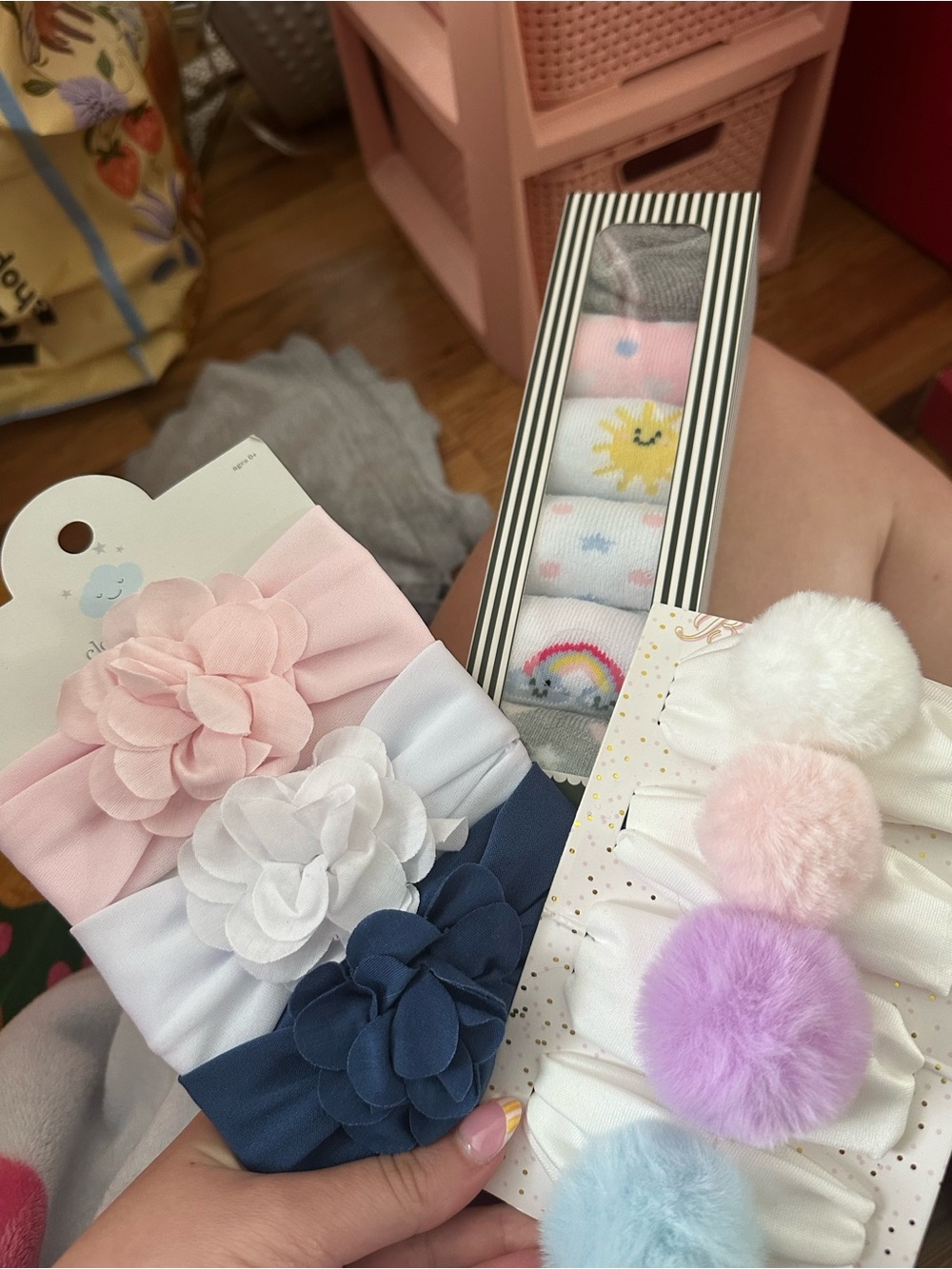 Baby Floral & Pom Headband and sock Set - Pink, White, Navy, Pastel Pom Colors